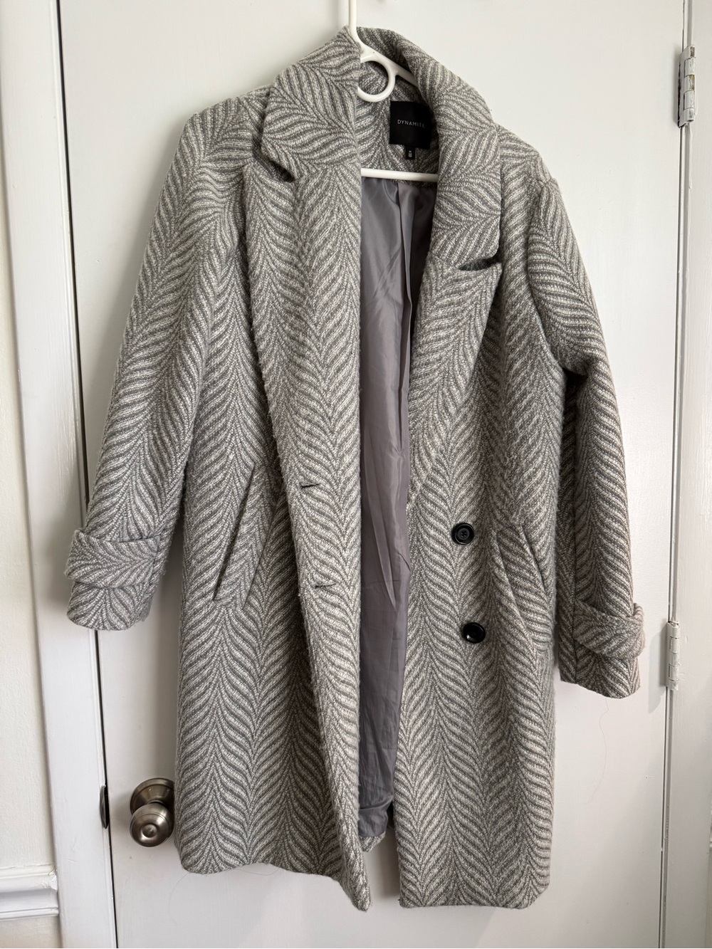 Gray Herringbone Wool Blend Coat